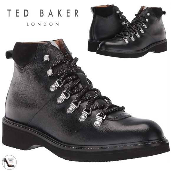 Ted Baker Ramels Black Leather Hiker Biker Bootslace-up Ankle Leather Bootie 7